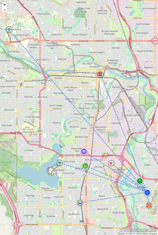 Daily accessibility map for 8 RIVERWOOD CL SE, Calgary showing nearby schools, grocery stores, parks, LRT stations and nearby amenities