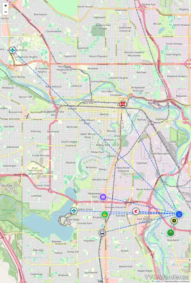 Daily accessibility map for 7219 20A ST SE, Calgary showing nearby schools, grocery stores, parks, LRT stations and nearby amenities