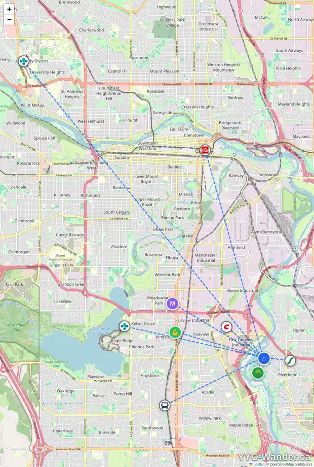 Daily accessibility map for 163 RIVERSIDE ME SE, Calgary showing nearby schools, grocery stores, parks, LRT stations and nearby amenities