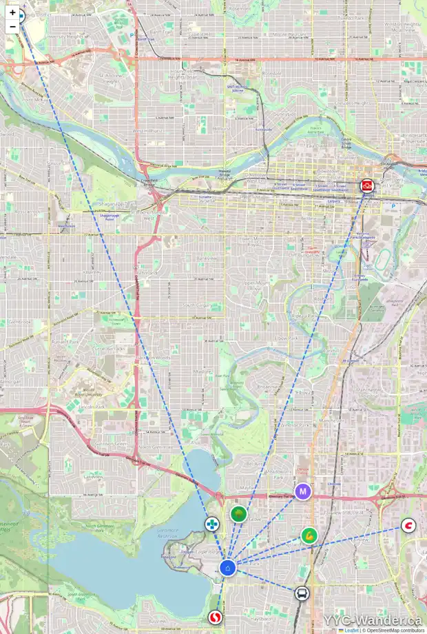 Daily accessibility map for 1431 CARLYLE RD SW, Calgary showing nearby schools, grocery stores, parks, LRT stations and nearby amenities