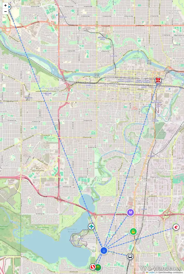 Daily accessibility map for 100 COLLEEN CR SW, Calgary showing nearby schools, grocery stores, parks, LRT stations and nearby amenities