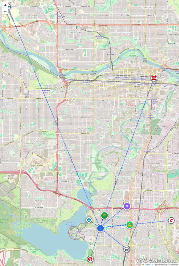 Daily accessibility map for 1324 75 AV SW, Calgary showing nearby schools, grocery stores, parks, LRT stations and nearby amenities