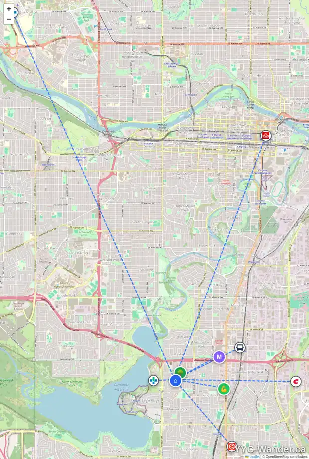 Daily accessibility map for 7220 KANANASKIS DR SW, Calgary showing nearby schools, grocery stores, parks, LRT stations and nearby amenities