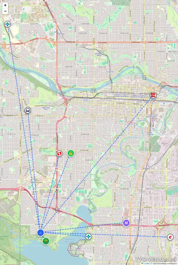 Daily accessibility map for 3040 LINDEN DR SW, Calgary showing nearby schools, grocery stores, parks, LRT stations and nearby amenities