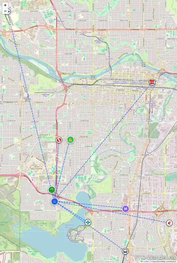 Daily accessibility map for 6219 LACOMBE WY SW, Calgary showing nearby schools, grocery stores, parks, LRT stations and nearby amenities