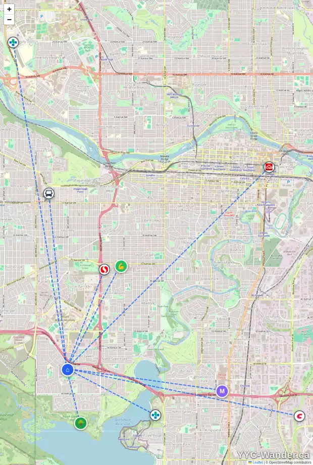 Daily accessibility map for 3418 LANE CR SW, Calgary showing nearby schools, grocery stores, parks, LRT stations and nearby amenities