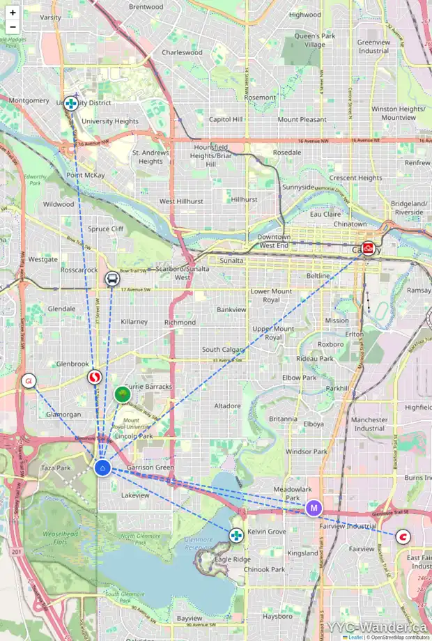 Daily accessibility map for 5656 LODGE CR SW, Calgary showing nearby schools, grocery stores, parks, LRT stations and nearby amenities