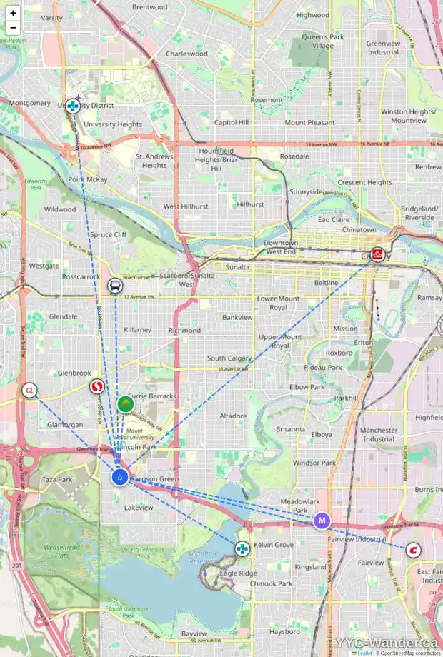 Daily accessibility map for 5620 LADBROOKE PL SW, Calgary showing nearby schools, grocery stores, parks, LRT stations and nearby amenities