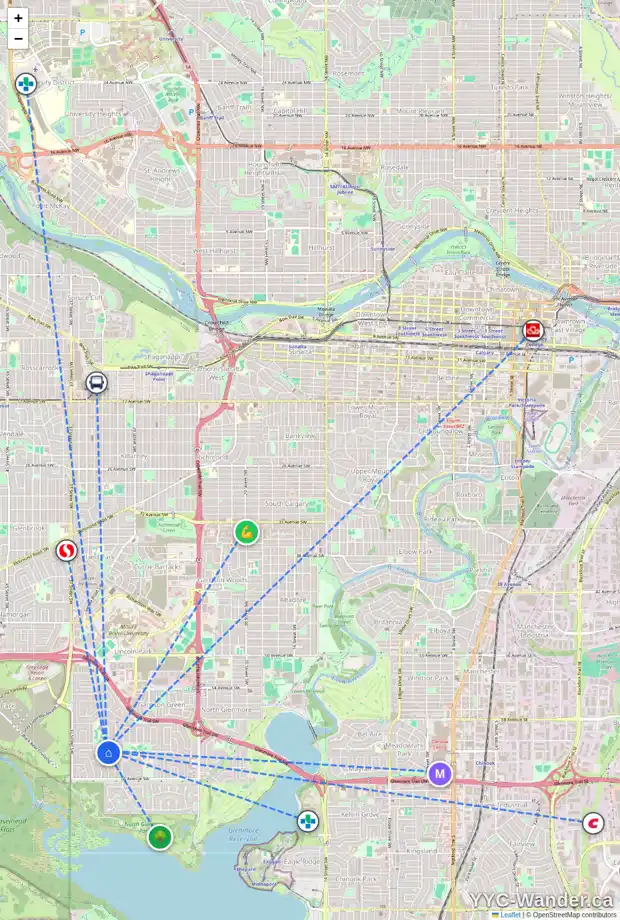 Daily accessibility map for 6212 LEWIS DR SW, Calgary showing nearby schools, grocery stores, parks, LRT stations and nearby amenities