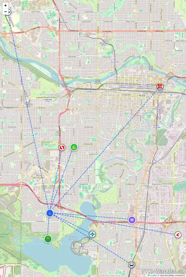 Daily accessibility map for 2820 63 AV SW, Calgary showing nearby schools, grocery stores, parks, LRT stations and nearby amenities