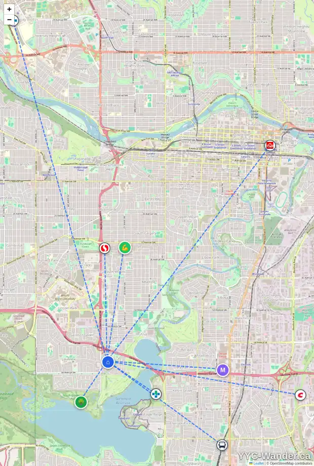 Daily accessibility map for 6419 LARKSPUR WY SW, Calgary showing nearby schools, grocery stores, parks, LRT stations and nearby amenities
