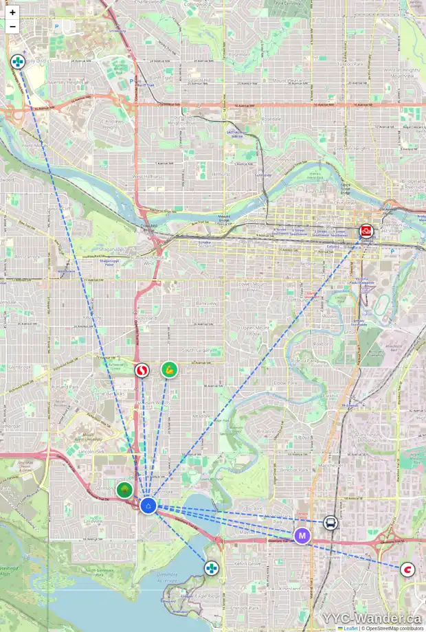 Daily accessibility map for 2408 LANGRIVILLE DR SW, Calgary showing nearby schools, grocery stores, parks, LRT stations and nearby amenities