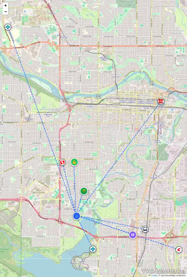 Daily accessibility map for 2032 57 AV SW, Calgary showing nearby schools, grocery stores, parks, LRT stations and nearby amenities