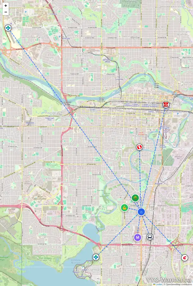 Daily accessibility map for 401 52 AV SW, Calgary showing nearby schools, grocery stores, parks, LRT stations and nearby amenities