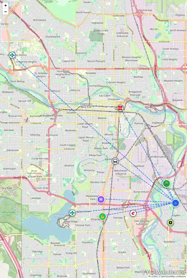 Daily accessibility map for 2128 CRESTWOOD RD SE, Calgary showing nearby schools, grocery stores, parks, LRT stations and nearby amenities