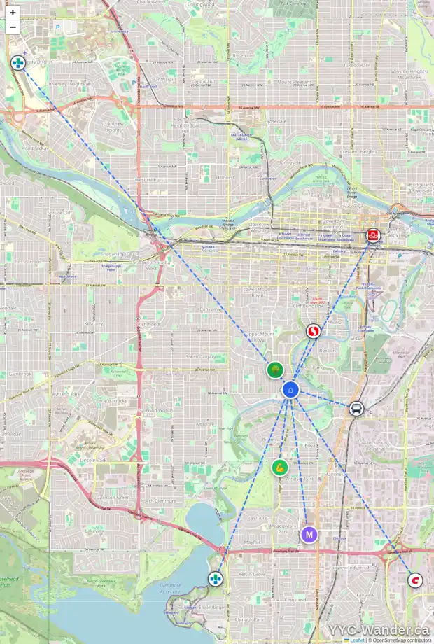 Daily accessibility map for 3818 6 ST SW, Calgary showing nearby schools, grocery stores, parks, LRT stations and nearby amenities
