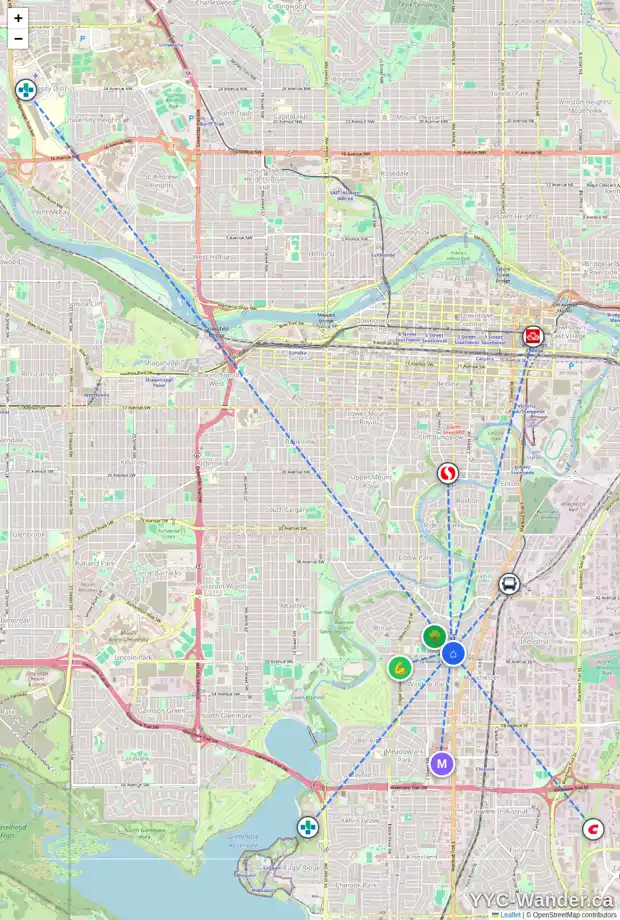Daily accessibility map for 408 49 AV SW, Calgary showing nearby schools, grocery stores, parks, LRT stations and nearby amenities