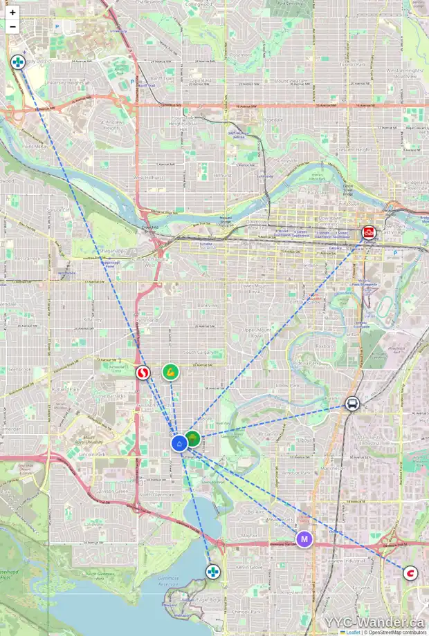 Daily accessibility map for 2015 47 AV SW, Calgary showing nearby schools, grocery stores, parks, LRT stations and nearby amenities