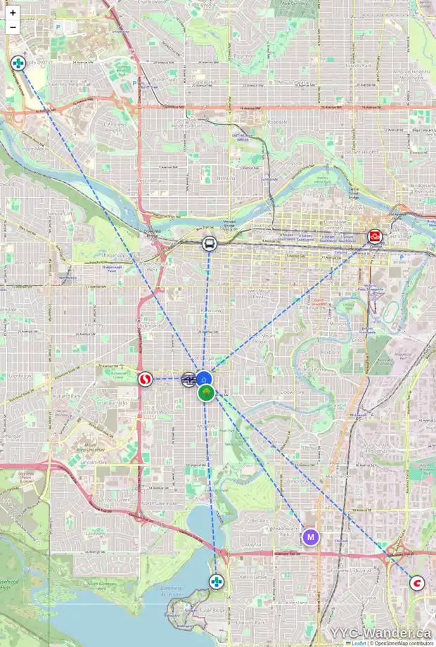 Daily accessibility map for 1721 34 AV SW, Calgary showing nearby schools, grocery stores, parks, LRT stations and nearby amenities