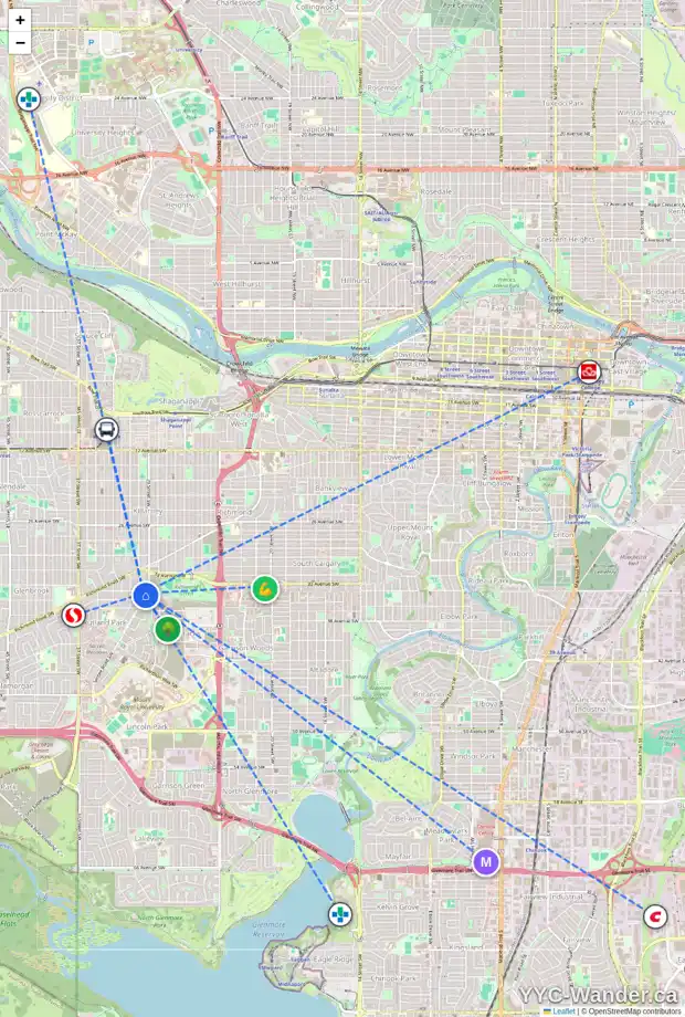 Daily accessibility map for 3015 34 AV SW, Calgary showing nearby schools, grocery stores, parks, LRT stations and nearby amenities