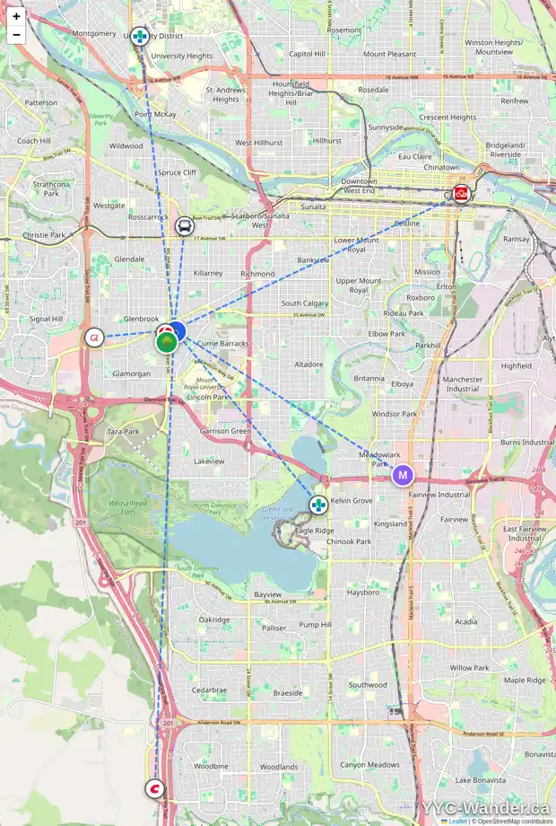 Daily accessibility map for 3724 36 AV SW, Calgary showing nearby schools, grocery stores, parks, LRT stations and nearby amenities