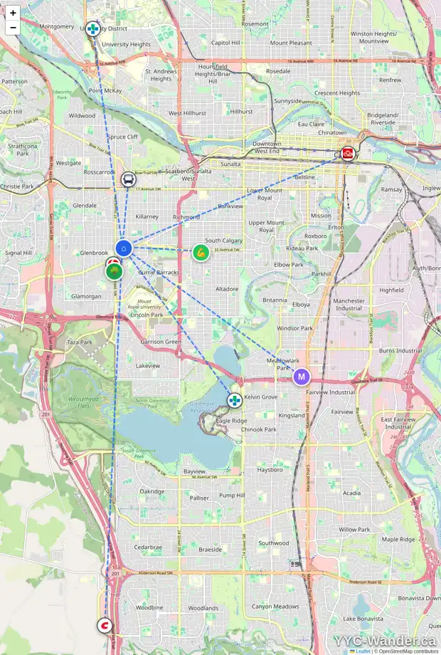Daily accessibility map for 3216 KERRYDALE RD SW, Calgary showing nearby schools, grocery stores, parks, LRT stations and nearby amenities