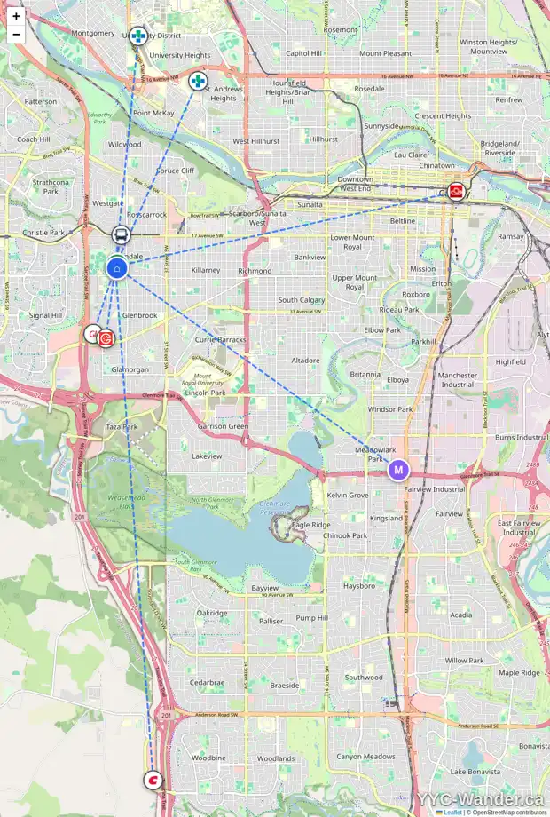 Daily accessibility map for 44 GLENFIELD RD SW, Calgary showing nearby schools, grocery stores, parks, LRT stations and nearby amenities