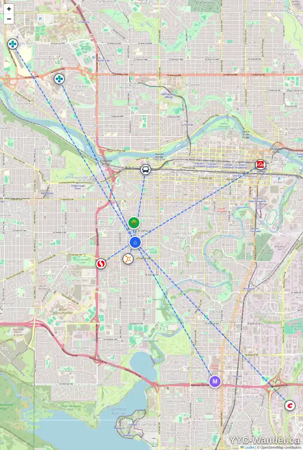 Daily accessibility map for 1836 29 AV SW, Calgary showing nearby schools, grocery stores, parks, LRT stations and nearby amenities