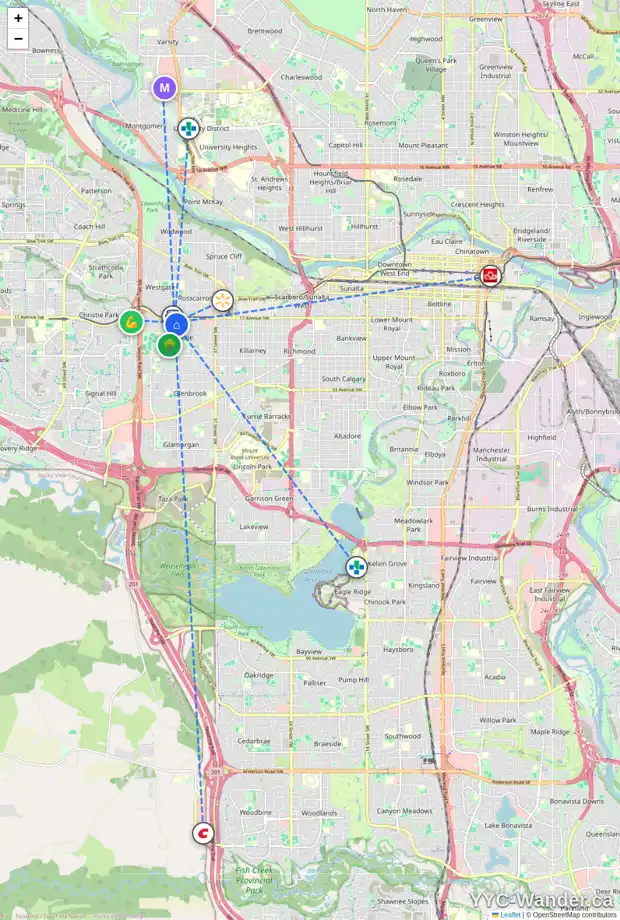 Daily accessibility map for 1920 GEORGIA ST SW, Calgary showing nearby schools, grocery stores, parks, LRT stations and nearby amenities