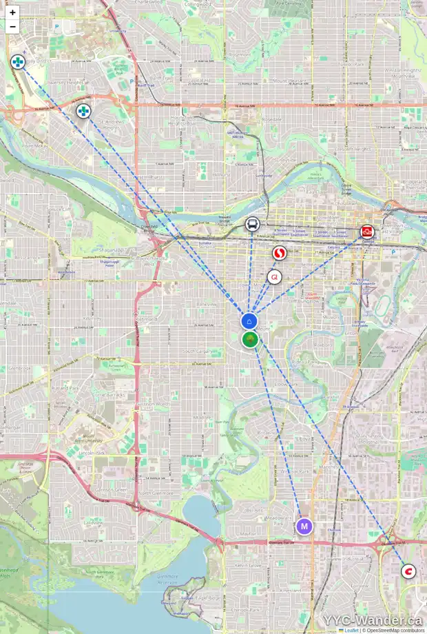 Daily accessibility map for 2402 CARLETON ST SW, Calgary showing nearby schools, grocery stores, parks, LRT stations and nearby amenities
