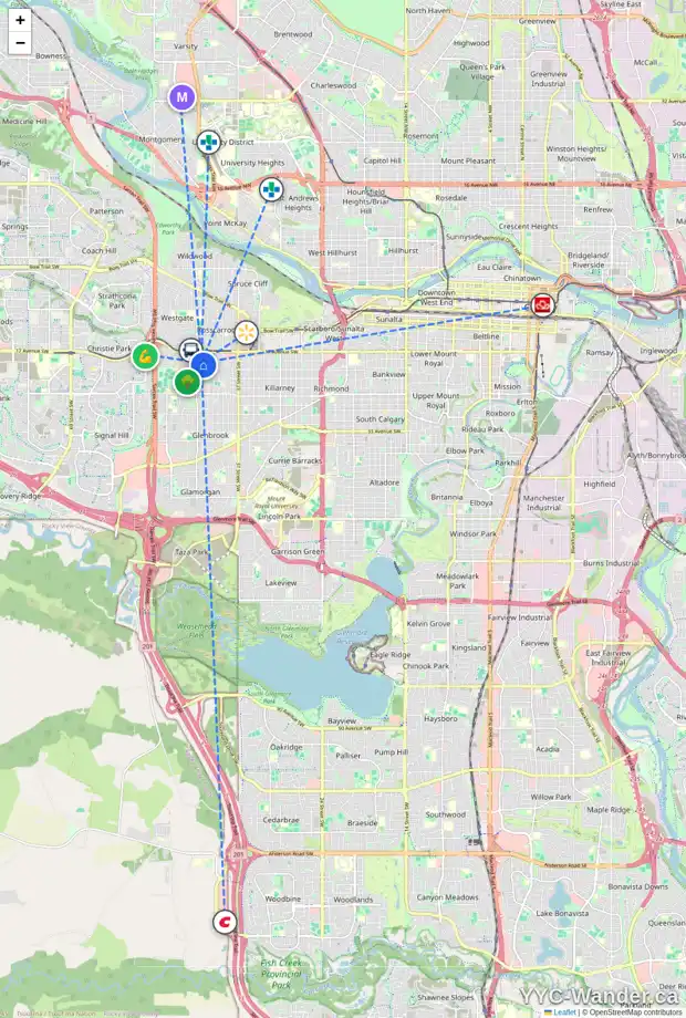 Daily accessibility map for 4512 19 AV SW, Calgary showing nearby schools, grocery stores, parks, LRT stations and nearby amenities