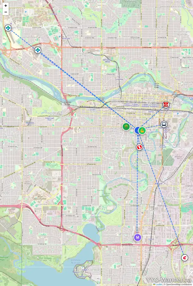 Daily accessibility map for 404 545 18 AV SW, Calgary showing nearby schools, grocery stores, parks, LRT stations and nearby amenities