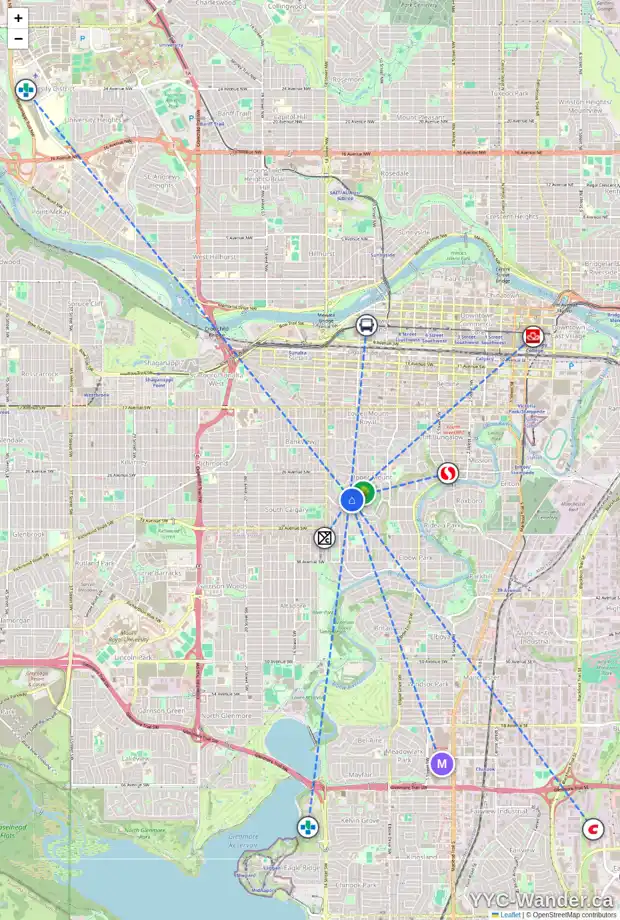 Daily accessibility map for 2926 MONTCALM CR SW, Calgary showing nearby schools, grocery stores, parks, LRT stations and nearby amenities