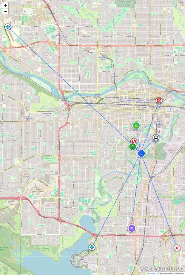 Daily accessibility map for 3212 2 ST SW, Calgary showing nearby schools, grocery stores, parks, LRT stations and nearby amenities