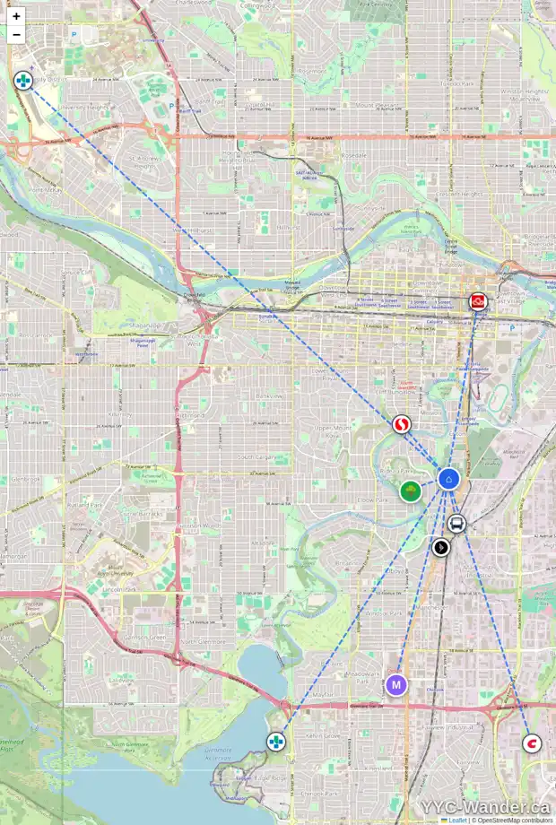 Daily accessibility map for 62 34 AV SW, Calgary showing nearby schools, grocery stores, parks, LRT stations and nearby amenities