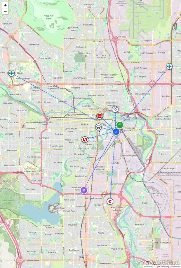 Daily accessibility map for 915 19 AV SE, Calgary showing nearby schools, grocery stores, parks, LRT stations and nearby amenities