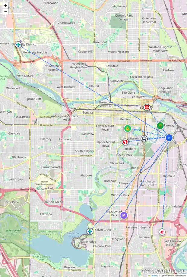 Daily accessibility map for 836 24 AV SE, Calgary showing nearby schools, grocery stores, parks, LRT stations and nearby amenities