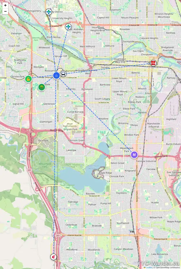 Daily accessibility map for 1607 38 ST SW, Calgary showing nearby schools, grocery stores, parks, LRT stations and nearby amenities