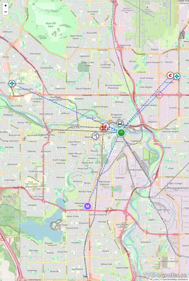 Daily accessibility map for 800 8 ST SE, Calgary showing nearby schools, grocery stores, parks, LRT stations and nearby amenities