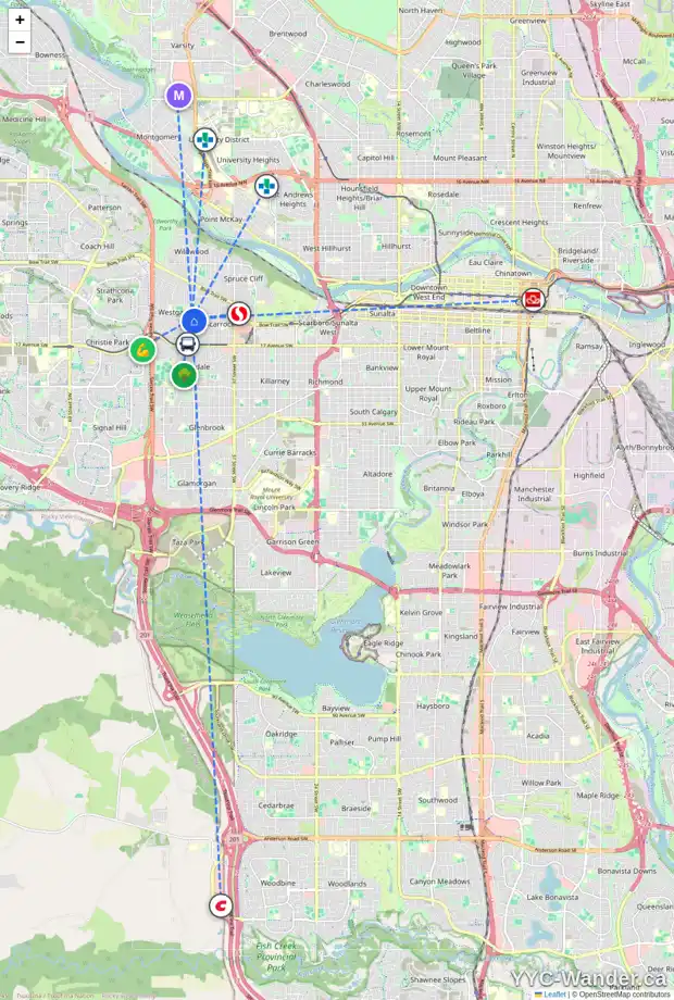 Daily accessibility map for 1123 45 ST SW, Calgary showing nearby schools, grocery stores, parks, LRT stations and nearby amenities
