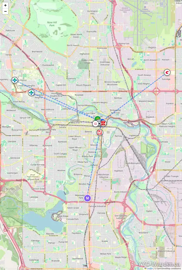 Daily accessibility map for 702 221 6 AV SE, Calgary showing nearby schools, grocery stores, parks, LRT stations and nearby amenities
