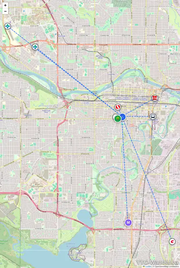 Daily accessibility map for 201 715 15 AV SW, Calgary showing nearby schools, grocery stores, parks, LRT stations and nearby amenities