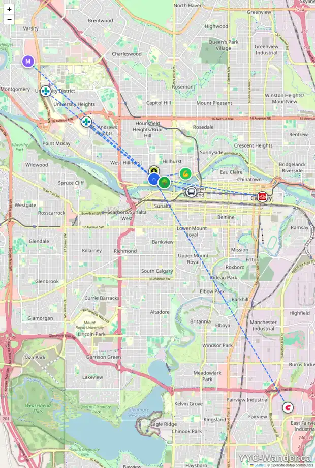 Daily accessibility map for 1907 BOWNESS RD NW, Calgary showing nearby schools, grocery stores, parks, LRT stations and nearby amenities