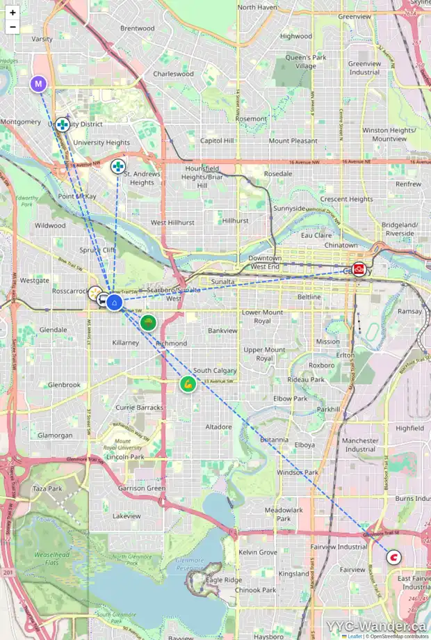 Daily accessibility map for 1702 32 ST SW, Calgary showing nearby schools, grocery stores, parks, LRT stations and nearby amenities