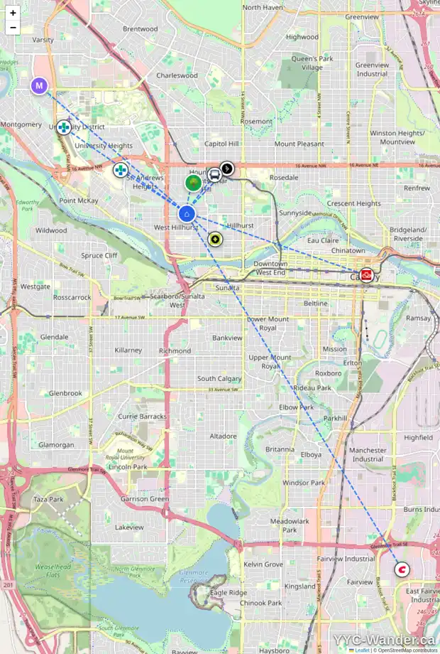 Daily accessibility map for 2231 6 AV NW, Calgary showing nearby schools, grocery stores, parks, LRT stations and nearby amenities