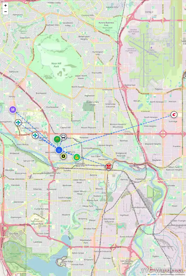 Daily accessibility map for 2105 5 AV NW, Calgary showing nearby schools, grocery stores, parks, LRT stations and nearby amenities