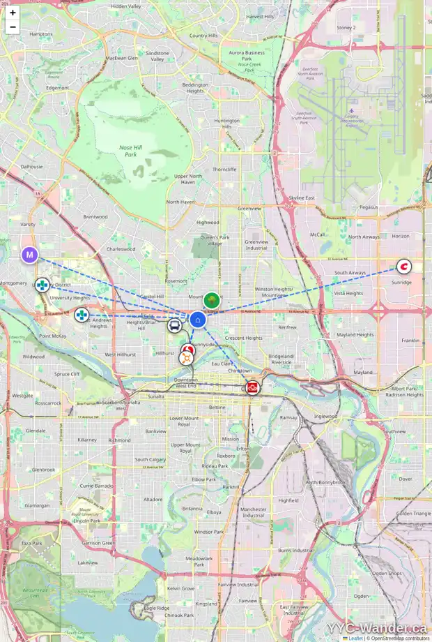Daily accessibility map for 1433 8 ST NW, Calgary showing nearby schools, grocery stores, parks, LRT stations and nearby amenities