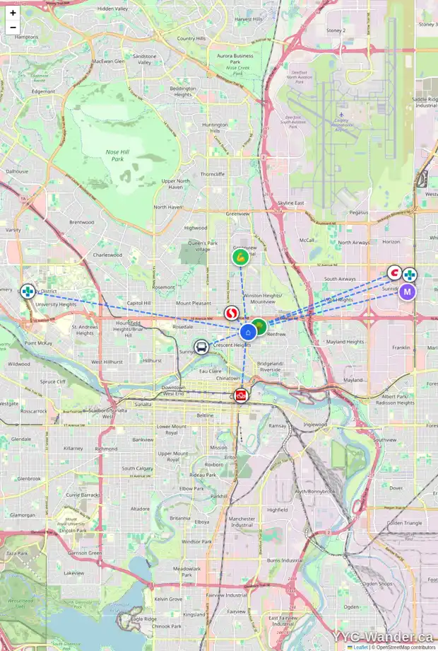 Daily accessibility map for 3 424 12 AV NE, Calgary showing nearby schools, grocery stores, parks, LRT stations and nearby amenities