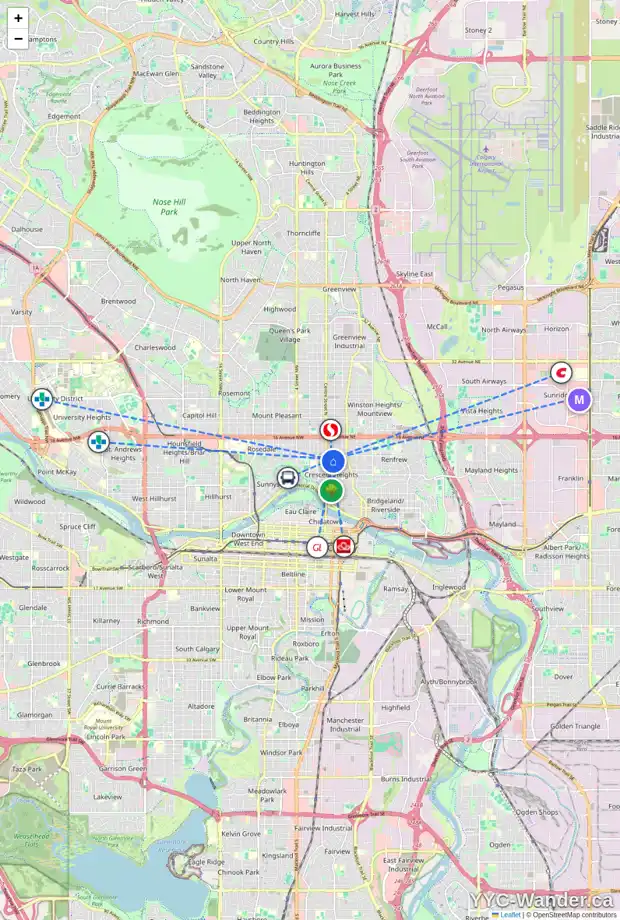 Daily accessibility map for 128 11 AV NE, Calgary showing nearby schools, grocery stores, parks, LRT stations and nearby amenities