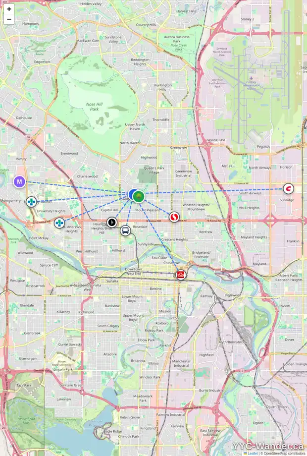 Daily accessibility map for 27 ROSERY DR NW, Calgary showing nearby schools, grocery stores, parks, LRT stations and nearby amenities
